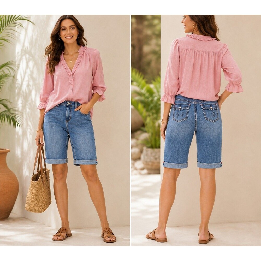 White House Black Market Blanc Size 2 Denim Bermuda Shorts Blue Stretch Cuffed